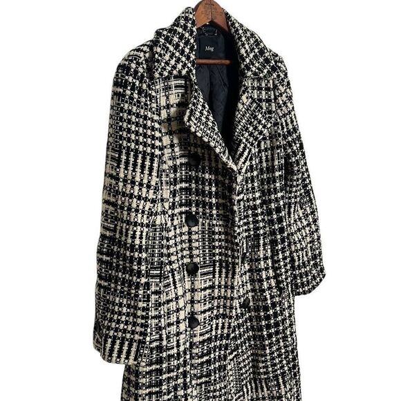 MNG Mango Check Tweed Wool Blend Double Breasted Coat Black & Off White Small - Picture 2 of 9